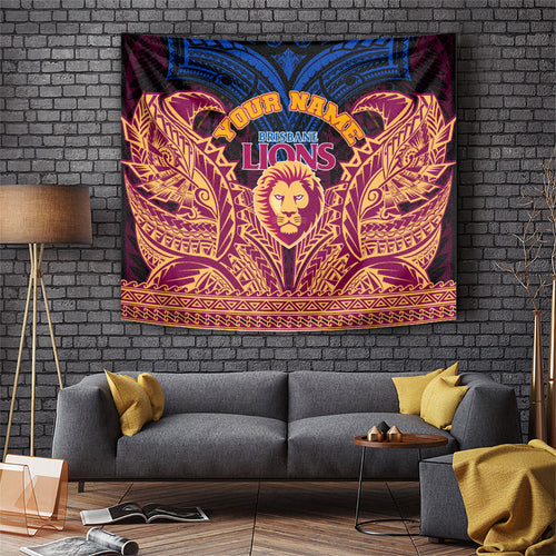 Personalized Brisbane Lions Tapestry Polynesian Tribal Lion Burgundy Gold Warrior