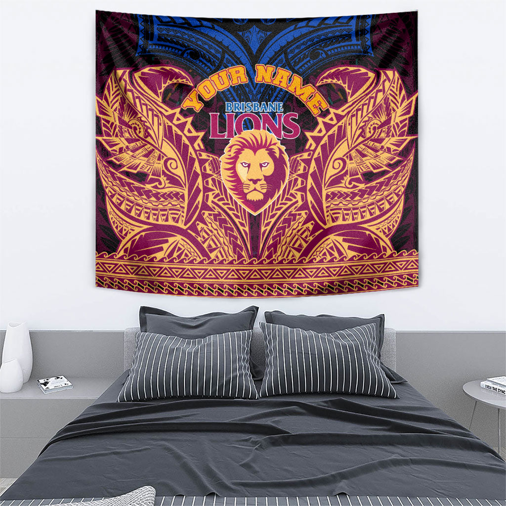 Personalized Brisbane Lions Tapestry Polynesian Tribal Lion Burgundy Gold Warrior