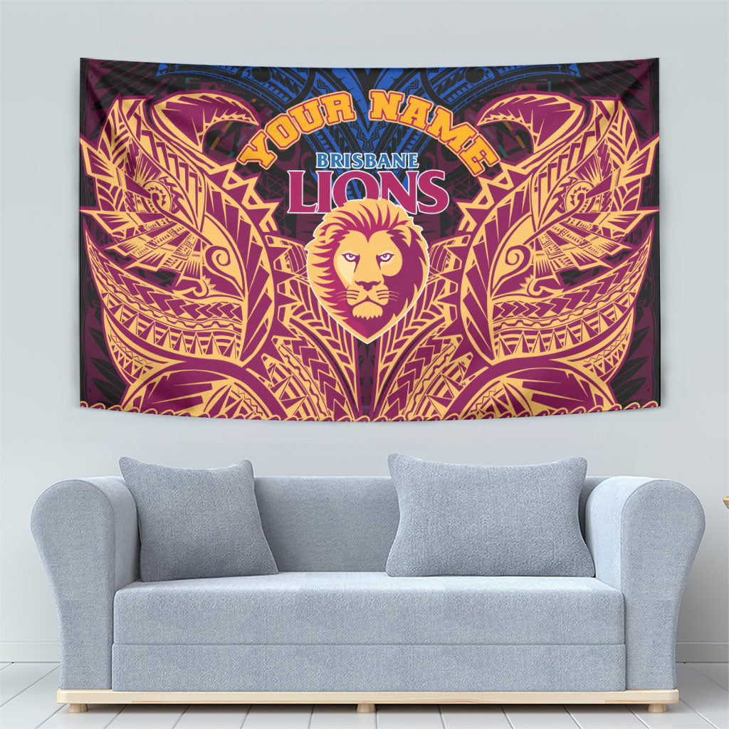 Personalized Brisbane Lions Tapestry Polynesian Tribal Lion Burgundy Gold Warrior