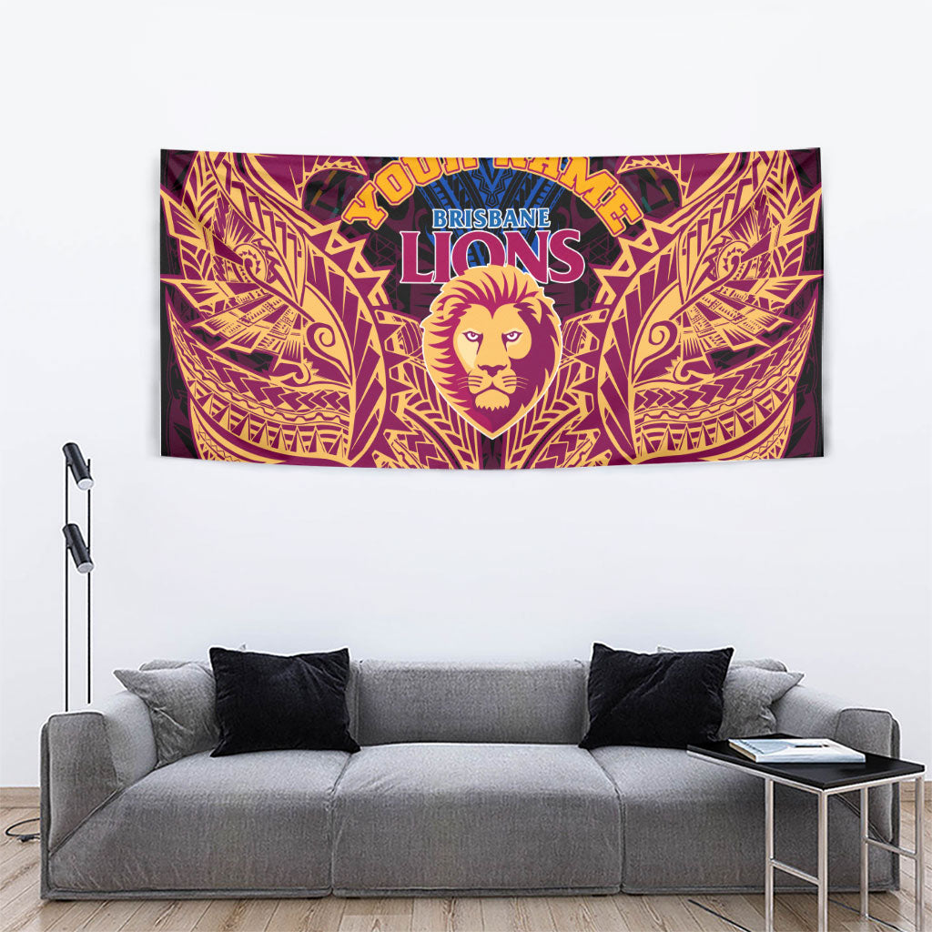 Personalized Brisbane Lions Tapestry Polynesian Tribal Lion Burgundy Gold Warrior