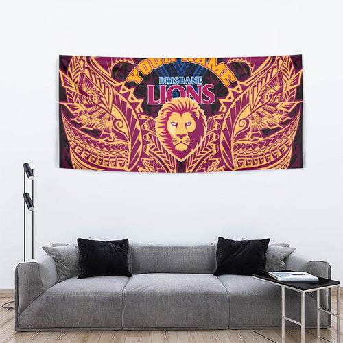 Personalized Brisbane Lions Tapestry Polynesian Tribal Lion Burgundy Gold Warrior