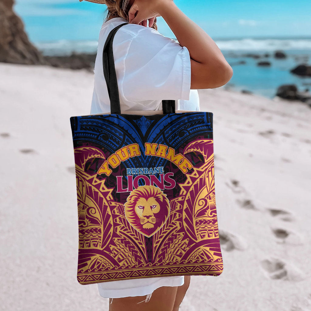 Personalized Brisbane Lions Tote Bag Polynesian Tribal Lion Burgundy Gold Warrior
