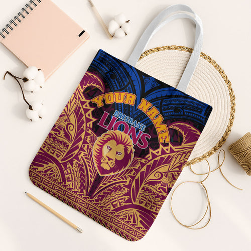 Personalized Brisbane Lions Tote Bag Polynesian Tribal Lion Burgundy Gold Warrior