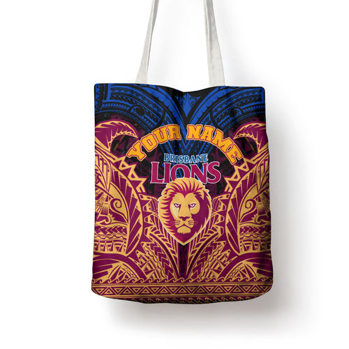 Personalized Brisbane Lions Tote Bag Polynesian Tribal Lion Burgundy Gold Warrior