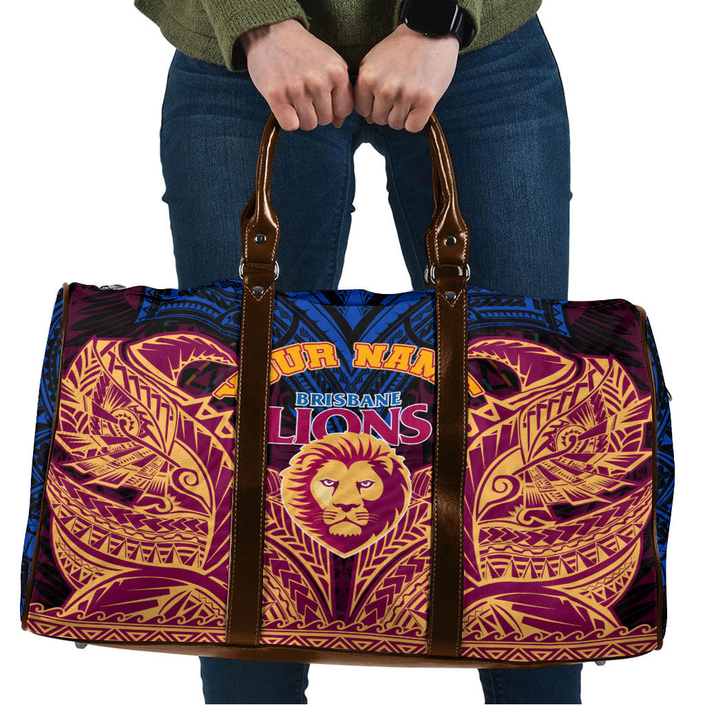 Personalized Brisbane Lions Travel Bag Polynesian Tribal Lion Burgundy Gold Warrior