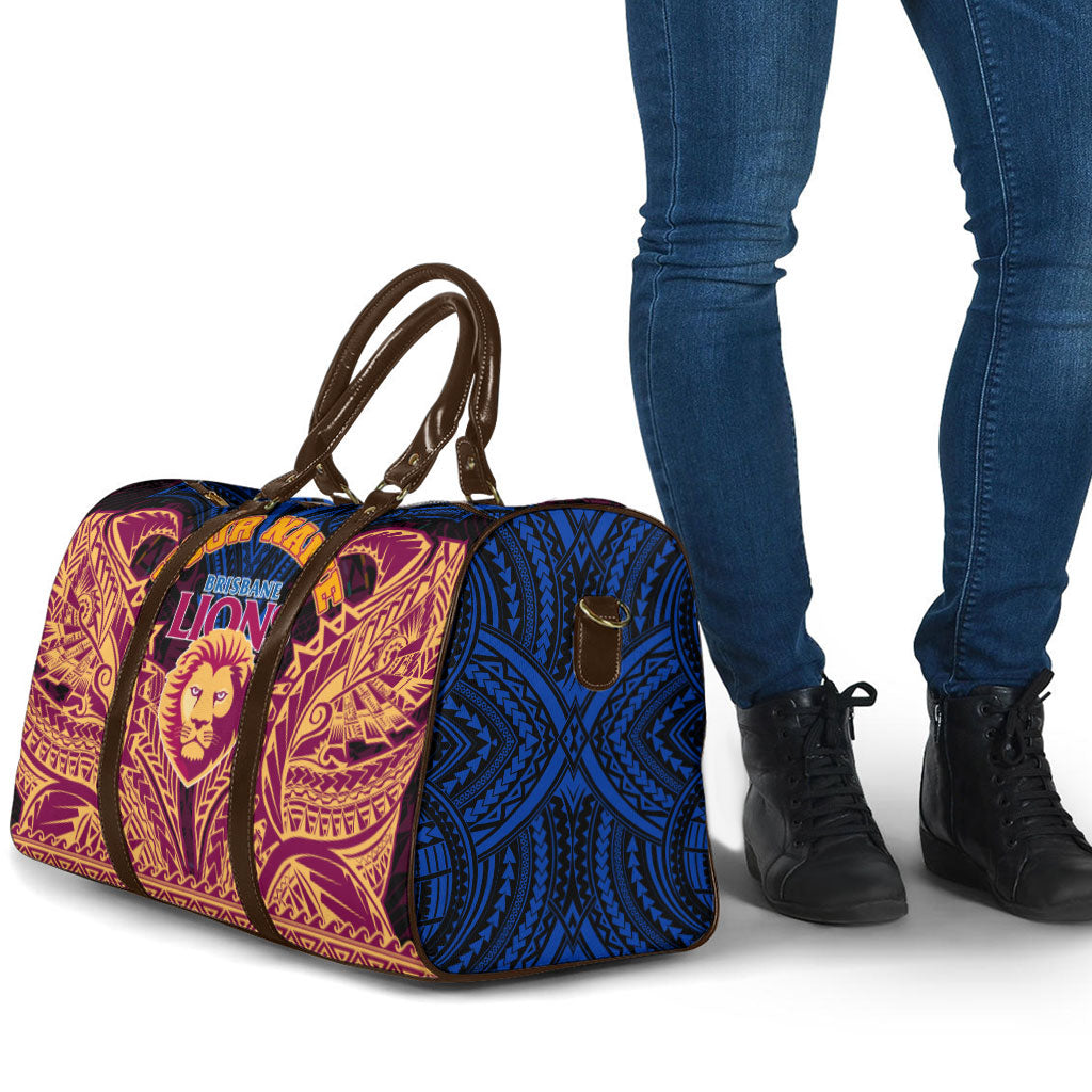 Personalized Brisbane Lions Travel Bag Polynesian Tribal Lion Burgundy Gold Warrior