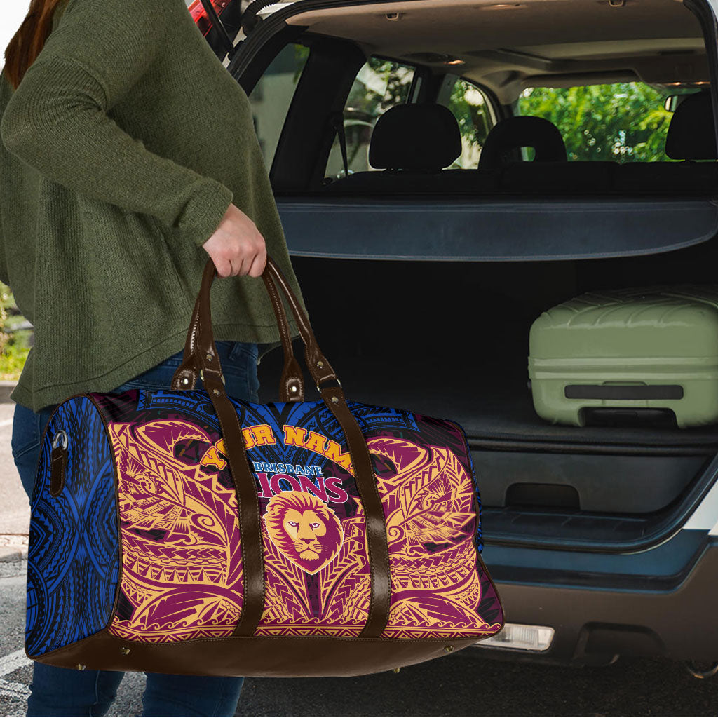 Personalized Brisbane Lions Travel Bag Polynesian Tribal Lion Burgundy Gold Warrior