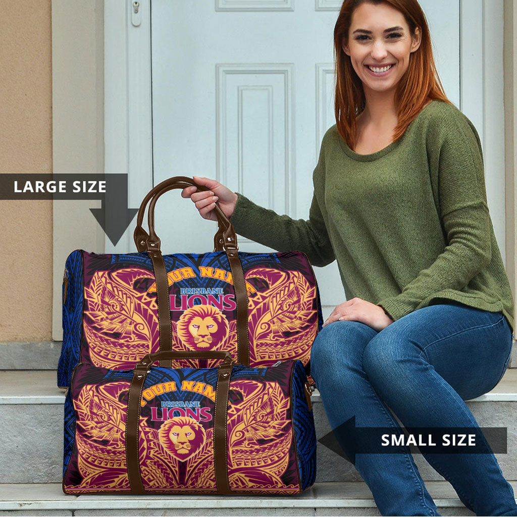 Personalized Brisbane Lions Travel Bag Polynesian Tribal Lion Burgundy Gold Warrior