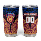 Personalized Brisbane Lions Tumbler Cup Polynesian Tribal Lion Burgundy Gold Warrior