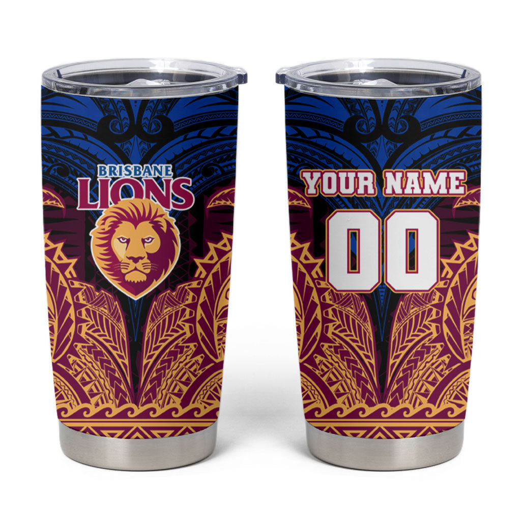Personalized Brisbane Lions Tumbler Cup Polynesian Tribal Lion Burgundy Gold Warrior