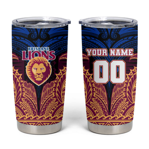 Personalized Brisbane Lions Tumbler Cup Polynesian Tribal Lion Burgundy Gold Warrior