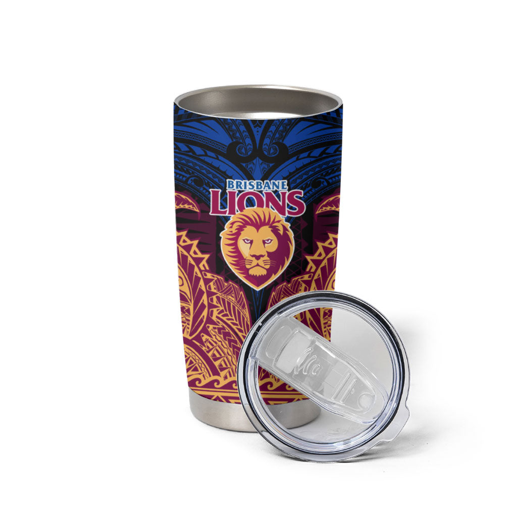 Personalized Brisbane Lions Tumbler Cup Polynesian Tribal Lion Burgundy Gold Warrior