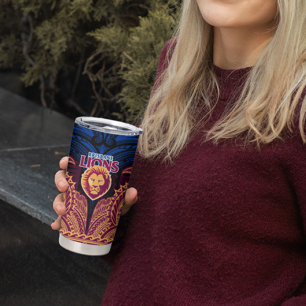 Personalized Brisbane Lions Tumbler Cup Polynesian Tribal Lion Burgundy Gold Warrior