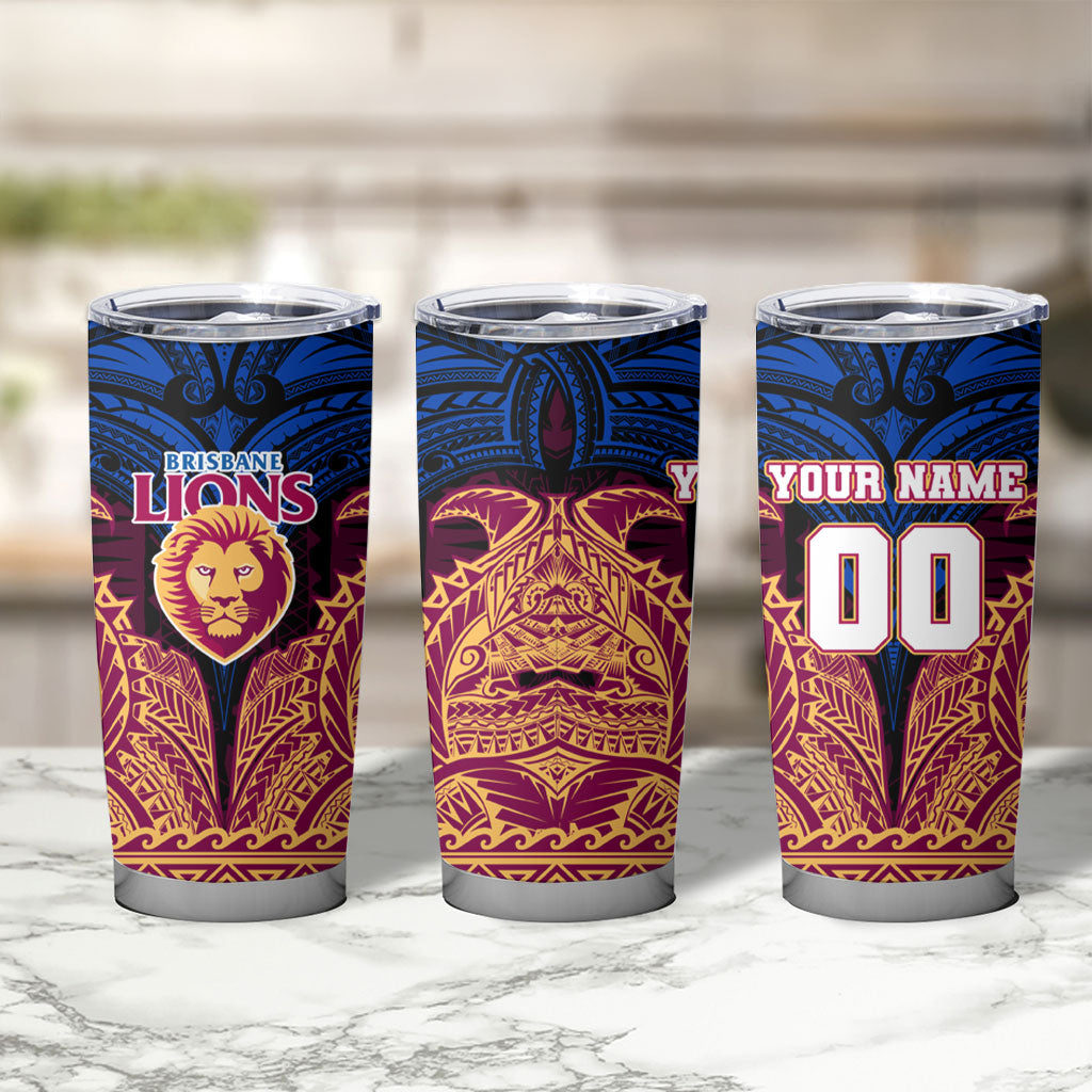 Personalized Brisbane Lions Tumbler Cup Polynesian Tribal Lion Burgundy Gold Warrior