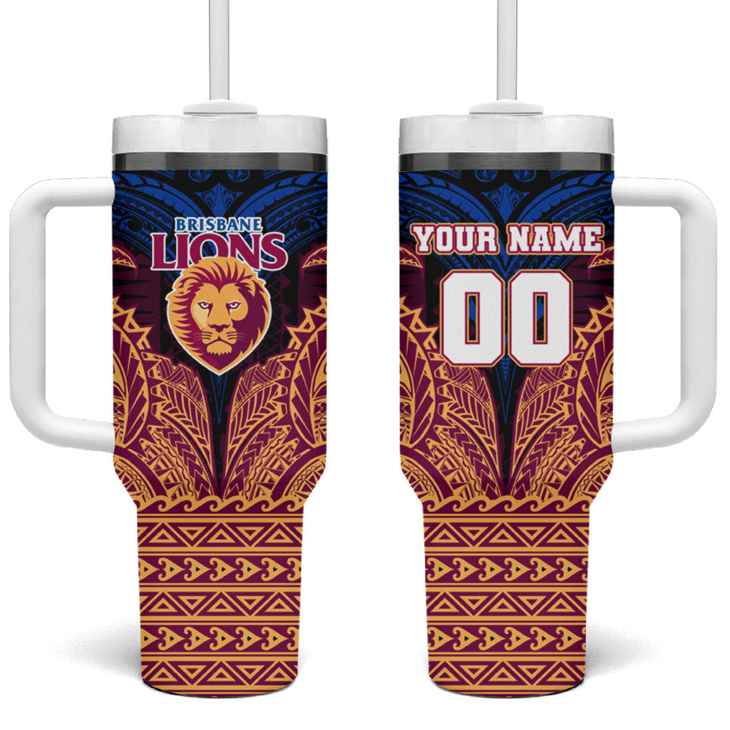 Personalized Brisbane Lions Tumbler With Handle Polynesian Tribal Lion Burgundy Gold Warrior