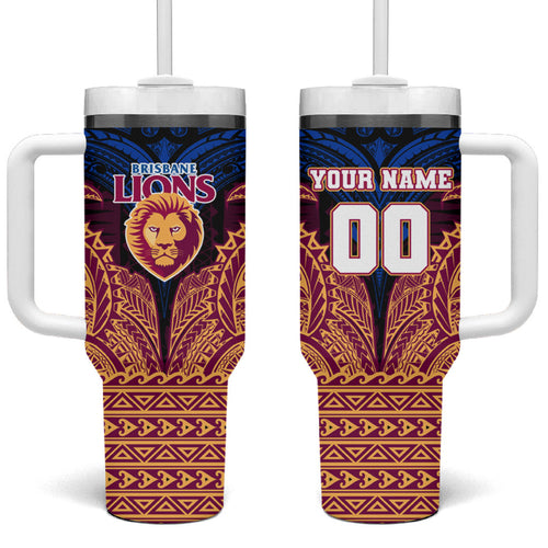 Personalized Brisbane Lions Tumbler With Handle Polynesian Tribal Lion Burgundy Gold Warrior