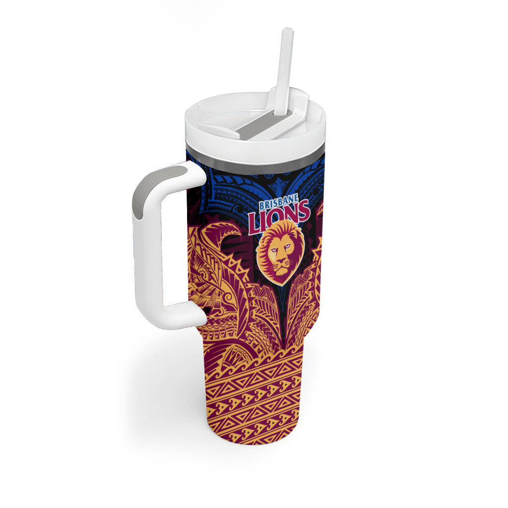 Personalized Brisbane Lions Tumbler With Handle Polynesian Tribal Lion Burgundy Gold Warrior
