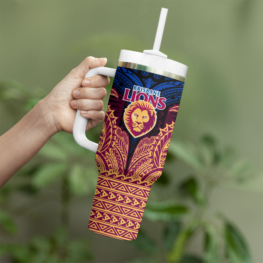 Personalized Brisbane Lions Tumbler With Handle Polynesian Tribal Lion Burgundy Gold Warrior