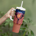 Personalized Brisbane Lions Tumbler With Handle Polynesian Tribal Lion Burgundy Gold Warrior