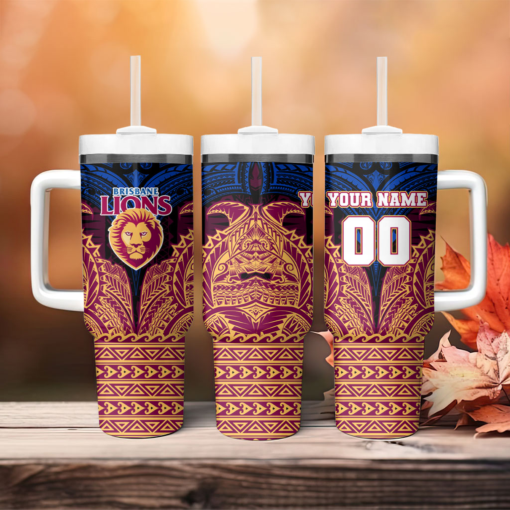Personalized Brisbane Lions Tumbler With Handle Polynesian Tribal Lion Burgundy Gold Warrior