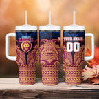 Personalized Brisbane Lions Tumbler With Handle Polynesian Tribal Lion Burgundy Gold Warrior