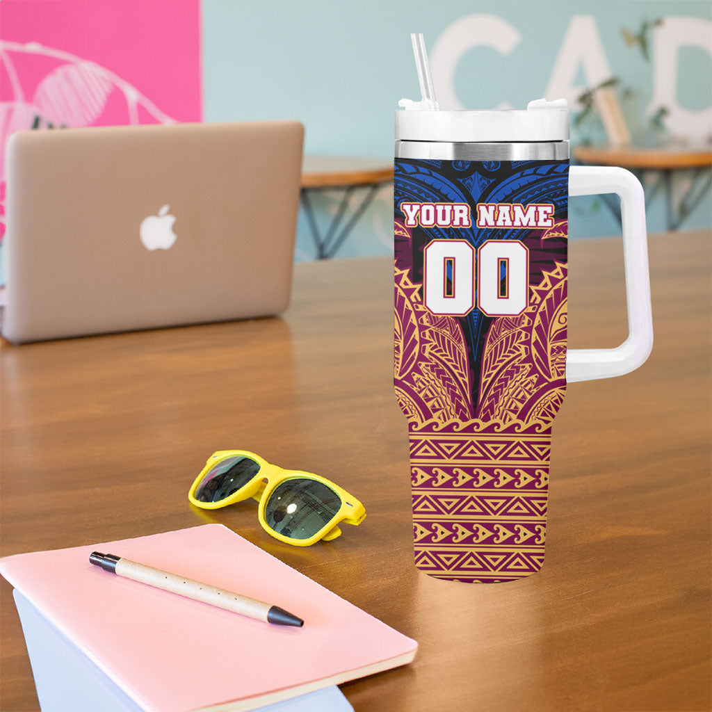 Personalized Brisbane Lions Tumbler With Handle Polynesian Tribal Lion Burgundy Gold Warrior
