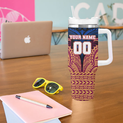 Personalized Brisbane Lions Tumbler With Handle Polynesian Tribal Lion Burgundy Gold Warrior