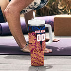 Personalized Brisbane Lions Tumbler With Handle Polynesian Tribal Lion Burgundy Gold Warrior