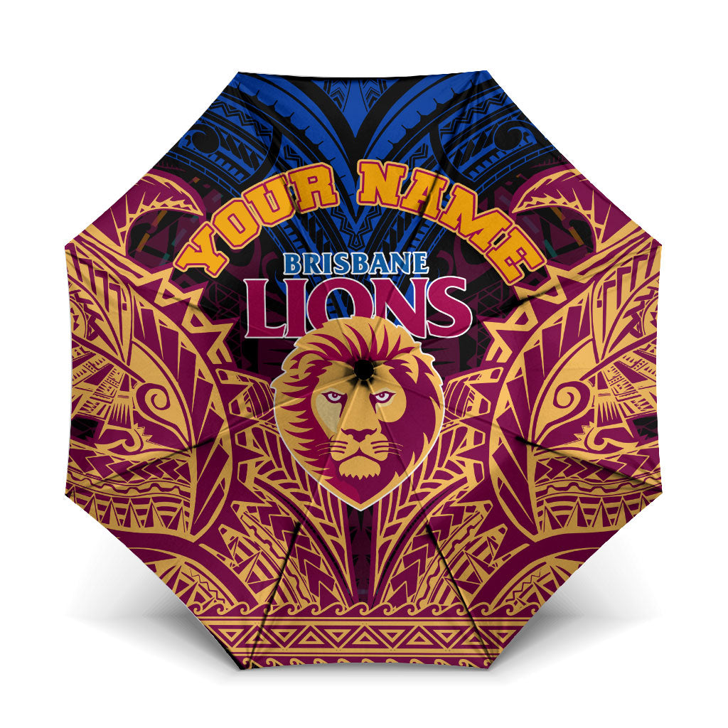 Personalized Brisbane Lions Umbrella Polynesian Tribal Lion Burgundy Gold Warrior
