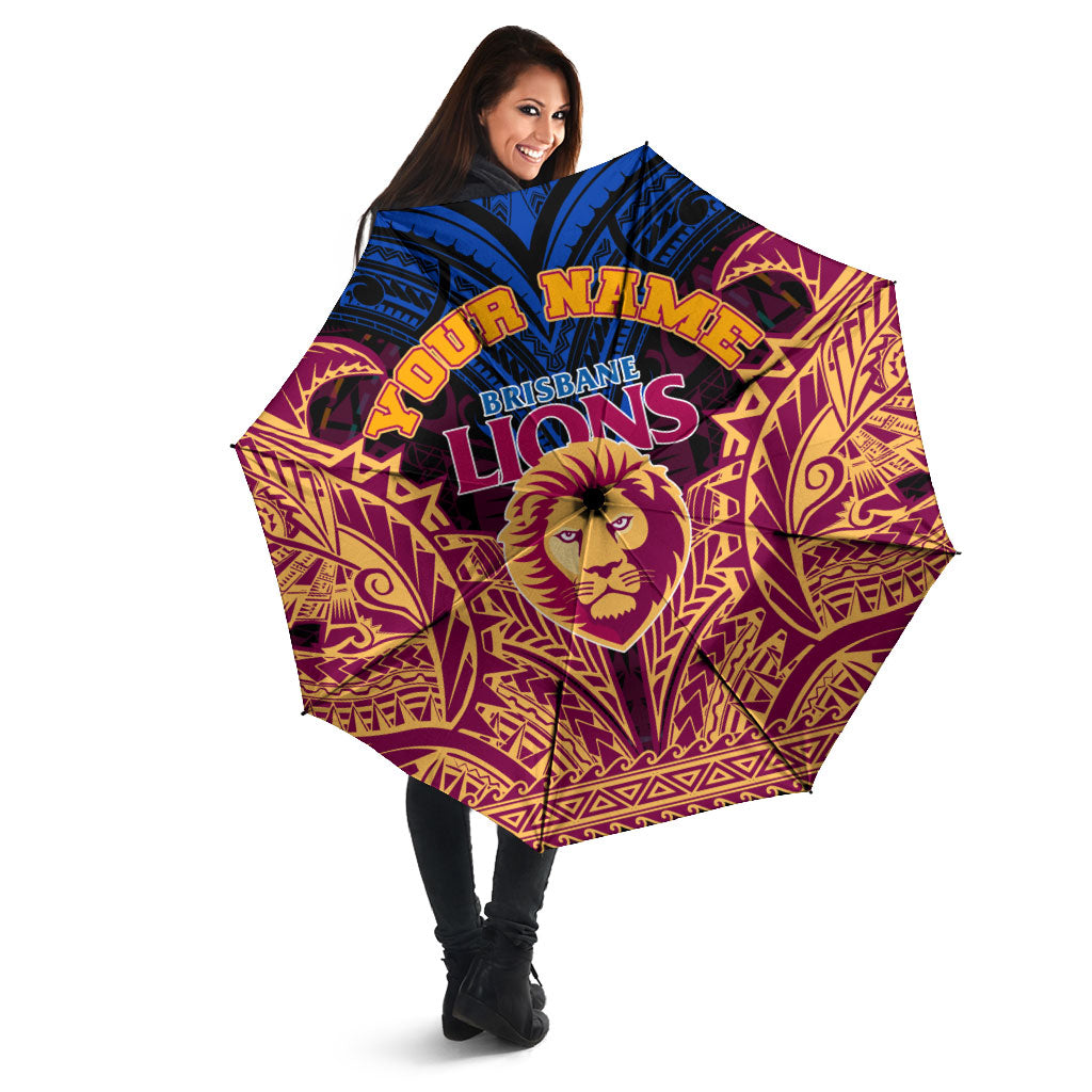 Personalized Brisbane Lions Umbrella Polynesian Tribal Lion Burgundy Gold Warrior
