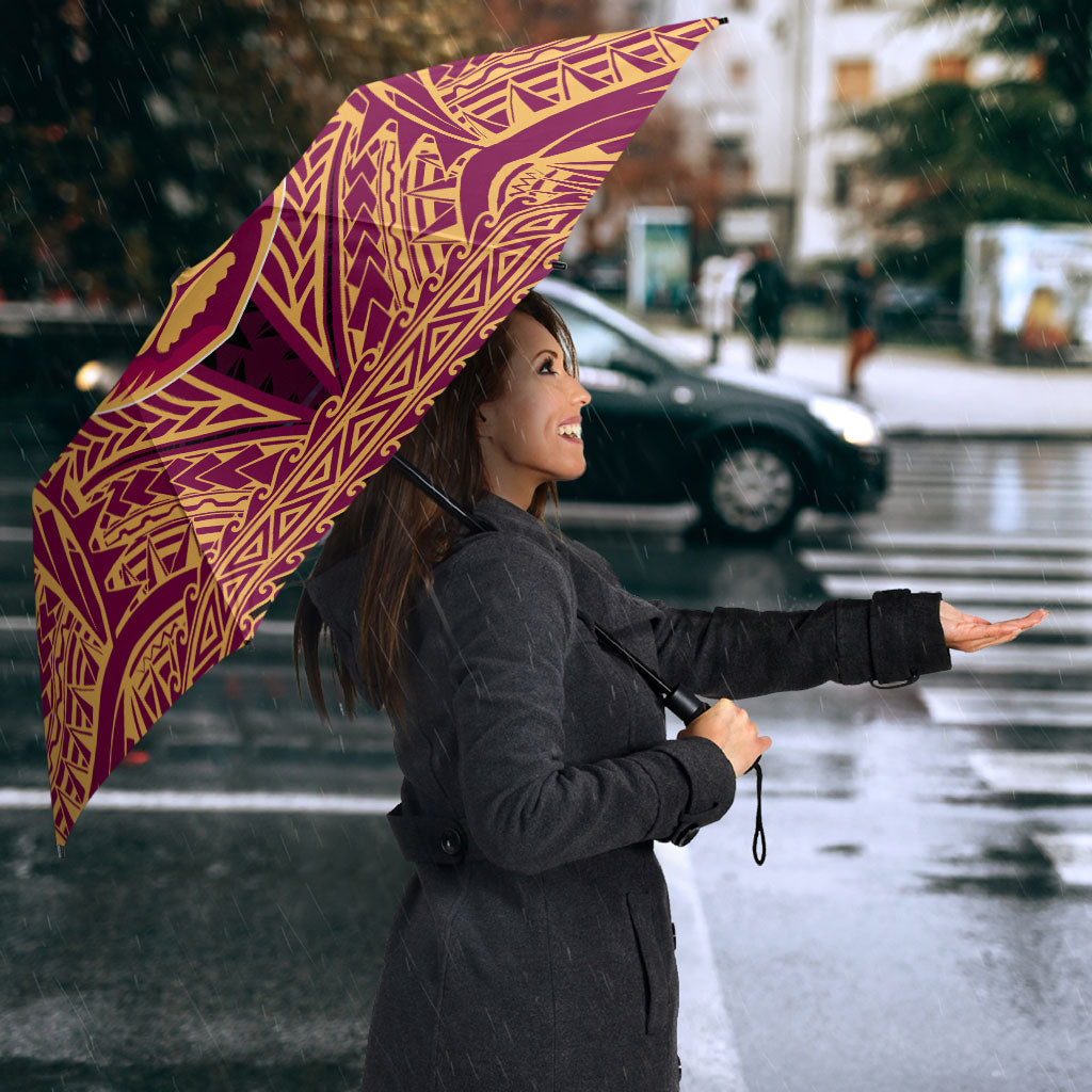 Personalized Brisbane Lions Umbrella Polynesian Tribal Lion Burgundy Gold Warrior