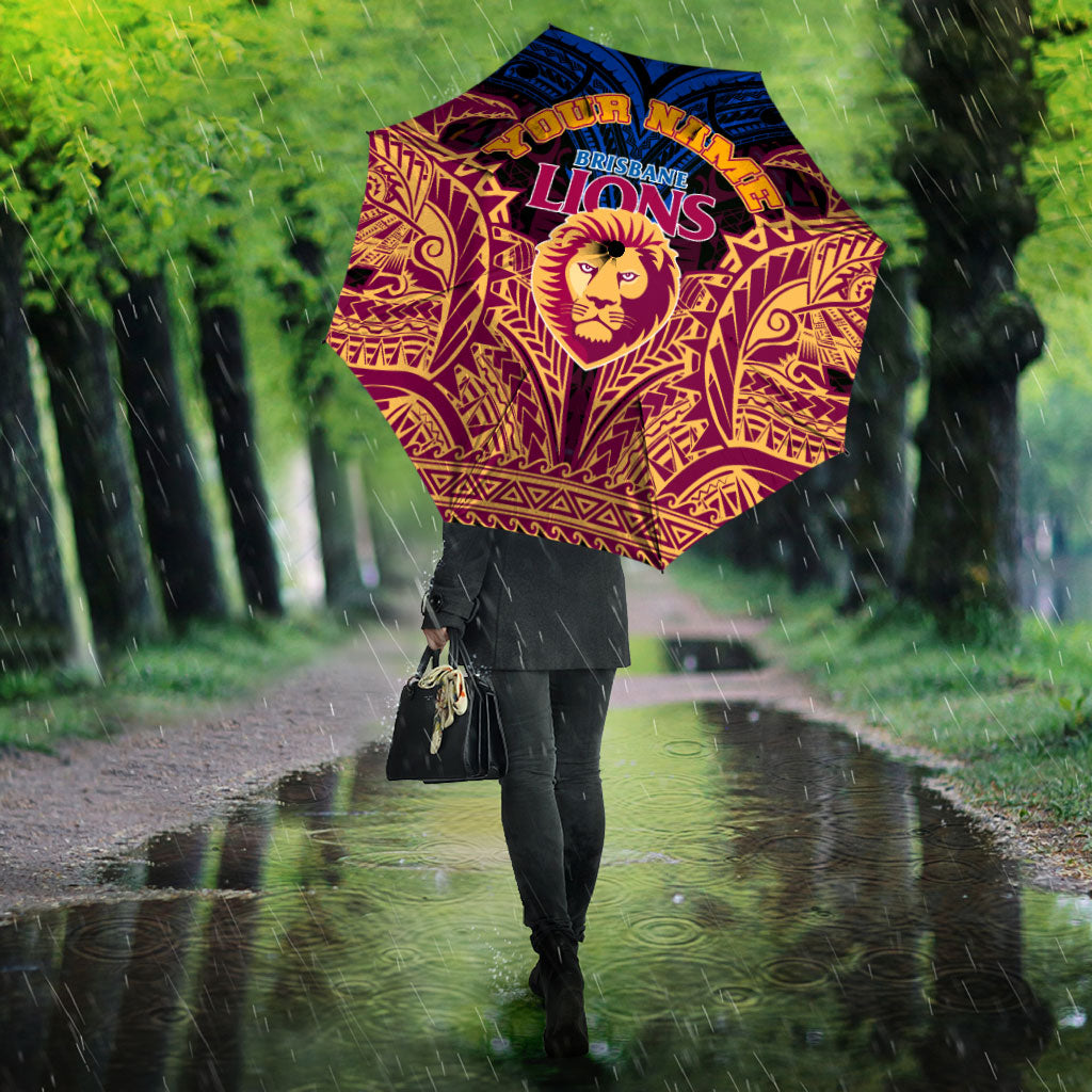 Personalized Brisbane Lions Umbrella Polynesian Tribal Lion Burgundy Gold Warrior