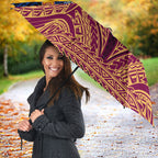 Personalized Brisbane Lions Umbrella Polynesian Tribal Lion Burgundy Gold Warrior