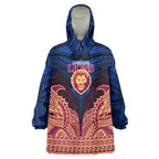 Personalized Brisbane Lions Wearable Blanket Hoodie Polynesian Tribal Lion Burgundy Gold Warrior