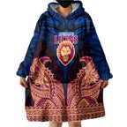 Personalized Brisbane Lions Wearable Blanket Hoodie Polynesian Tribal Lion Burgundy Gold Warrior