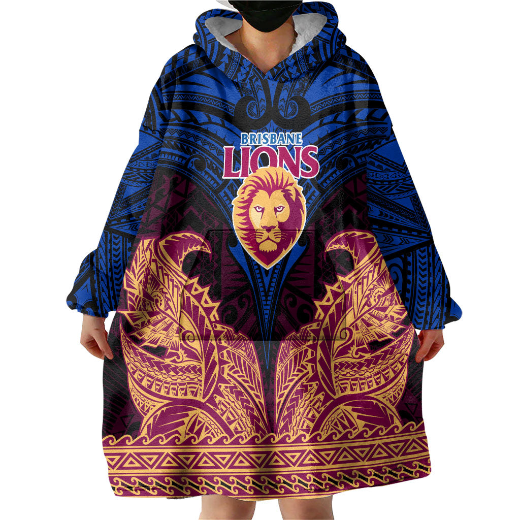 Personalized Brisbane Lions Wearable Blanket Hoodie Polynesian Tribal Lion Burgundy Gold Warrior
