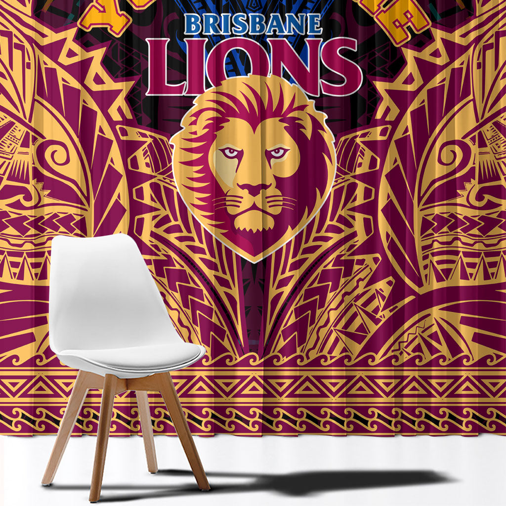 Personalized Brisbane Lions Window Curtain Polynesian Tribal Lion Burgundy Gold Warrior