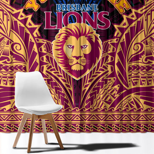 Personalized Brisbane Lions Window Curtain Polynesian Tribal Lion Burgundy Gold Warrior