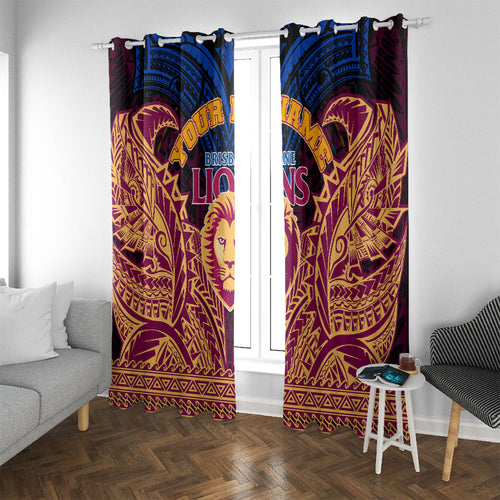 Personalized Brisbane Lions Window Curtain Polynesian Tribal Lion Burgundy Gold Warrior