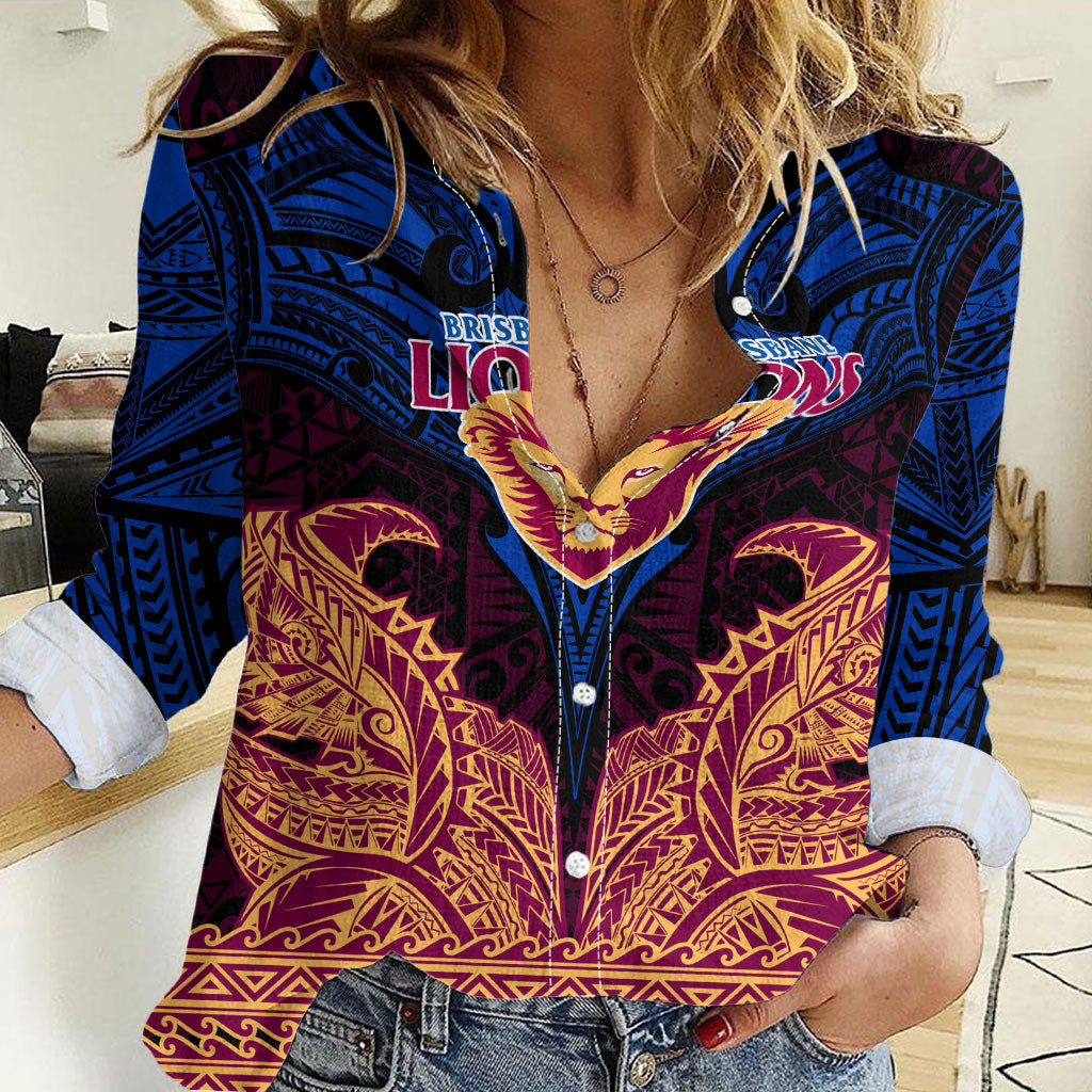 Personalized Brisbane Lions Women Casual Shirt Polynesian Tribal Lion Burgundy Gold Warrior