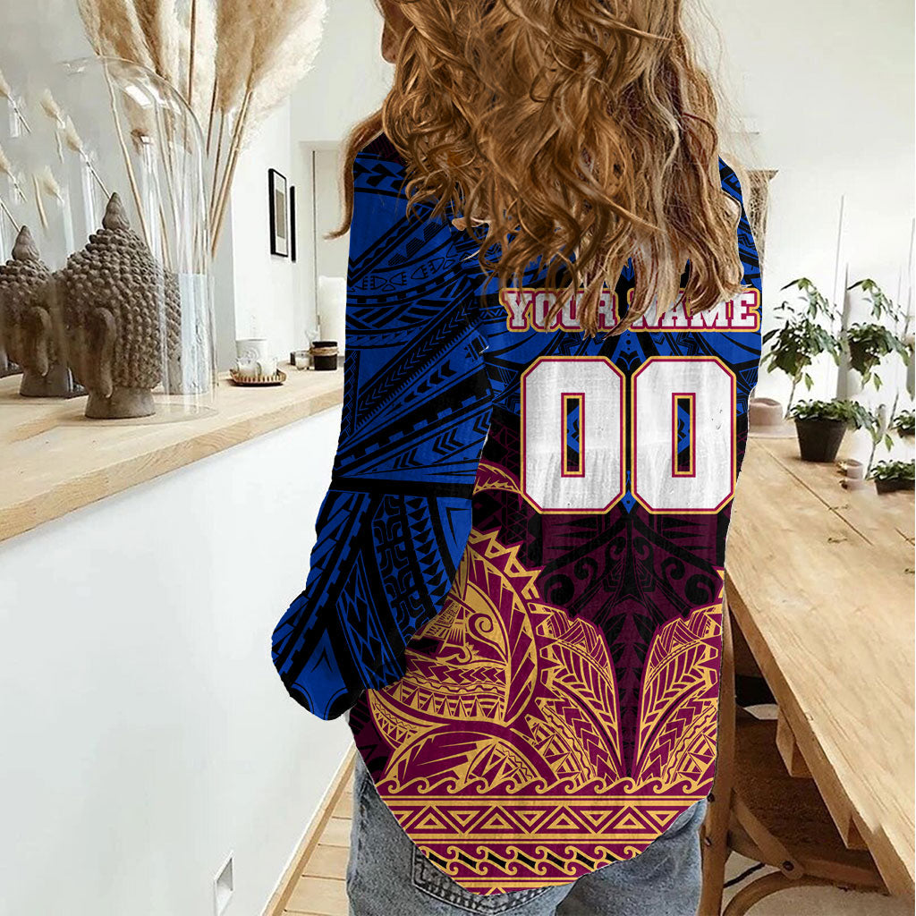 Personalized Brisbane Lions Women Casual Shirt Polynesian Tribal Lion Burgundy Gold Warrior