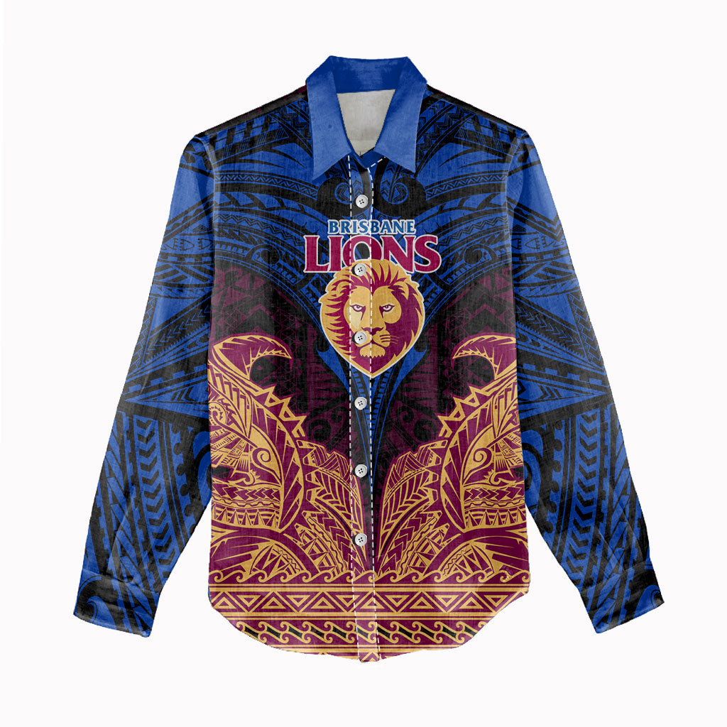 Personalized Brisbane Lions Women Casual Shirt Polynesian Tribal Lion Burgundy Gold Warrior