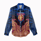 Personalized Brisbane Lions Women Casual Shirt Polynesian Tribal Lion Burgundy Gold Warrior