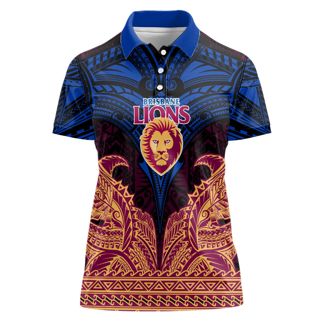Personalized Brisbane Lions Women Polo Shirt Polynesian Tribal Lion Burgundy Gold Warrior