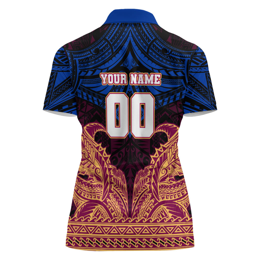 Personalized Brisbane Lions Women Polo Shirt Polynesian Tribal Lion Burgundy Gold Warrior