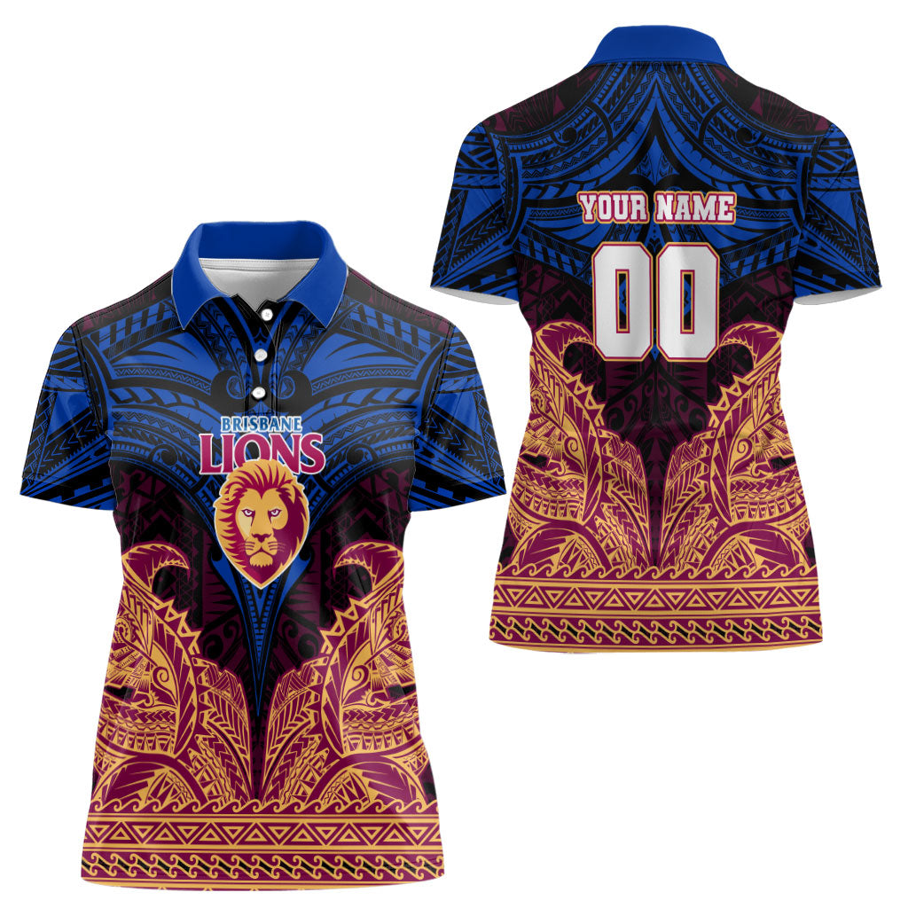 Personalized Brisbane Lions Women Polo Shirt Polynesian Tribal Lion Burgundy Gold Warrior