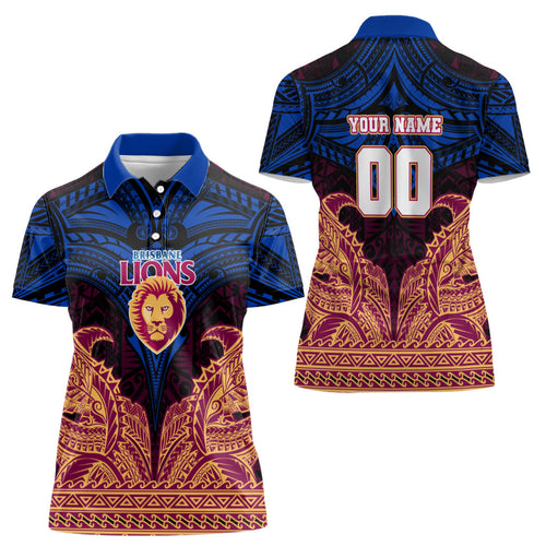 Personalized Brisbane Lions Women Polo Shirt Polynesian Tribal Lion Burgundy Gold Warrior