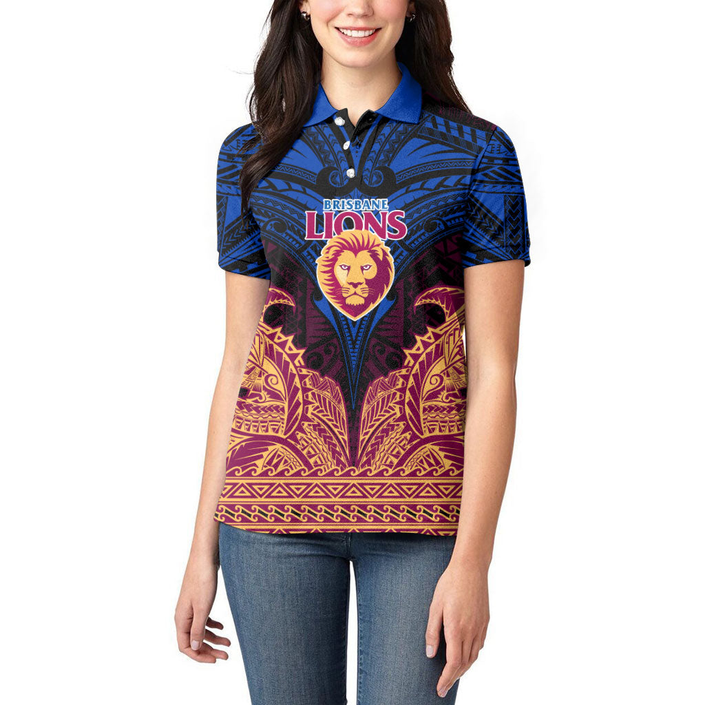 Personalized Brisbane Lions Women Polo Shirt Polynesian Tribal Lion Burgundy Gold Warrior