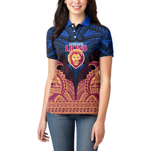 Personalized Brisbane Lions Women Polo Shirt Polynesian Tribal Lion Burgundy Gold Warrior