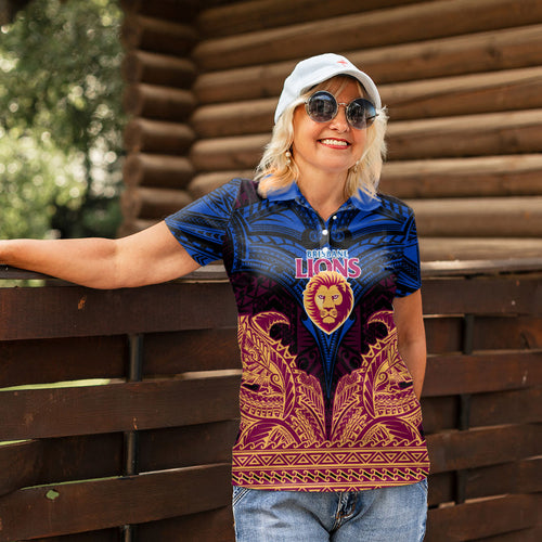 Personalized Brisbane Lions Women Polo Shirt Polynesian Tribal Lion Burgundy Gold Warrior